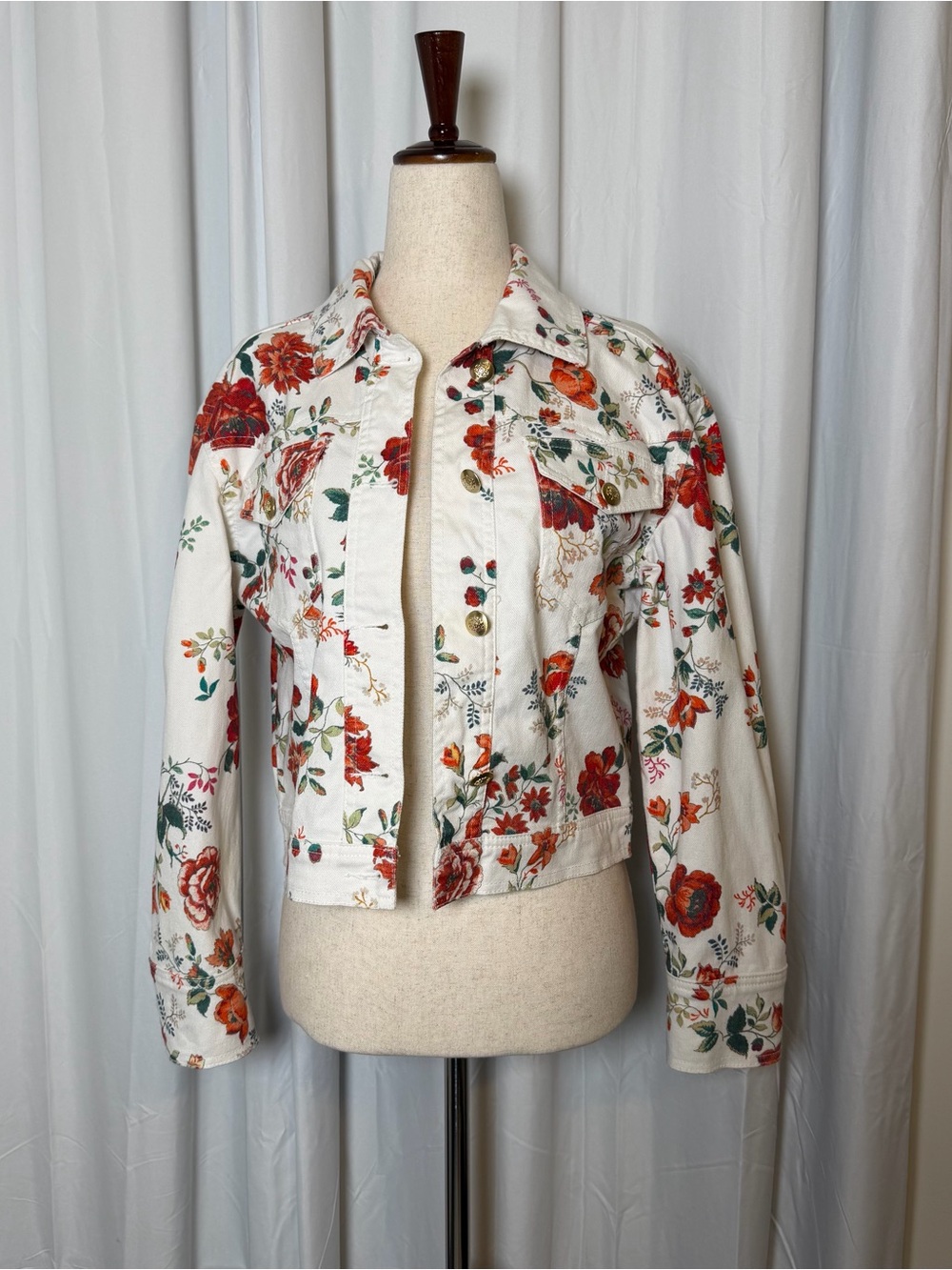 Maje Viflor Floral Denim Jacket White Red Print Stretch Cotton FR 36 Small - Picture 2 of 16